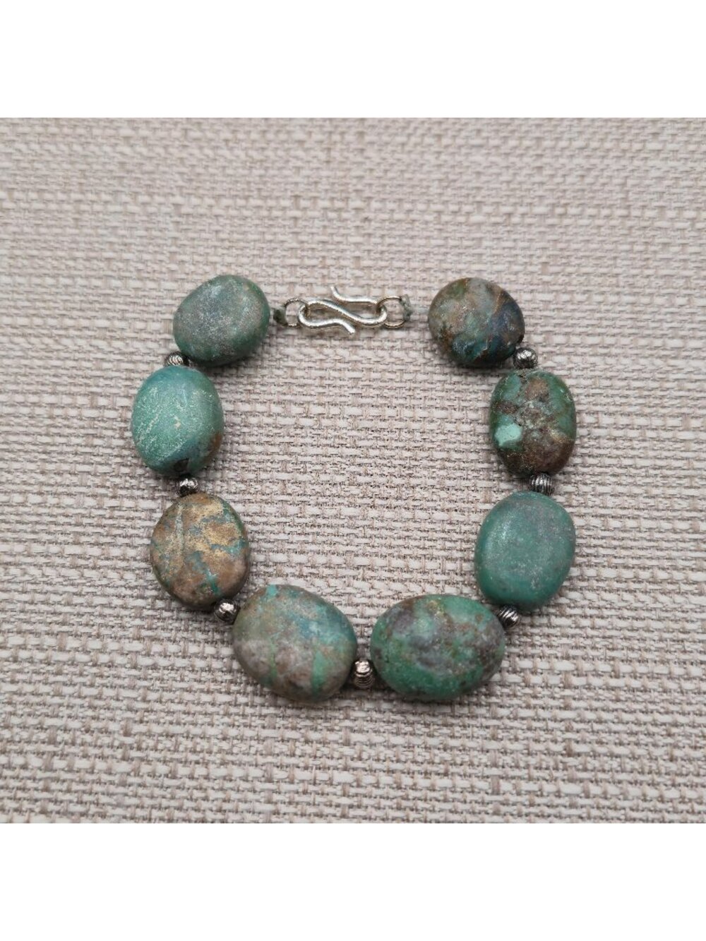 8 Inch Sterling Silver Turquoise Nugget Bracelet, Natural Green Blue Stone B1441